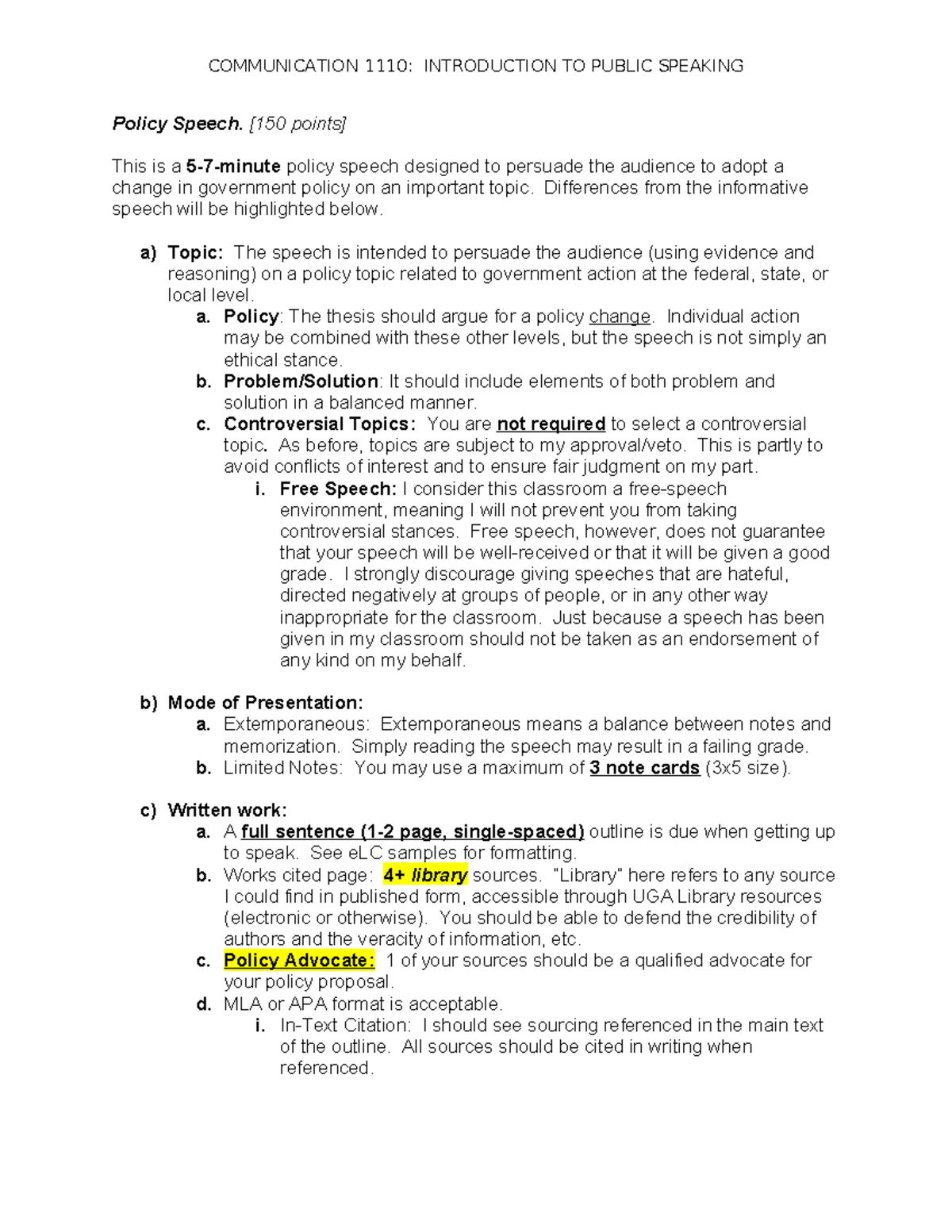 COMM 101: Policy Speech Guidelines for Public Speaking - Studocu