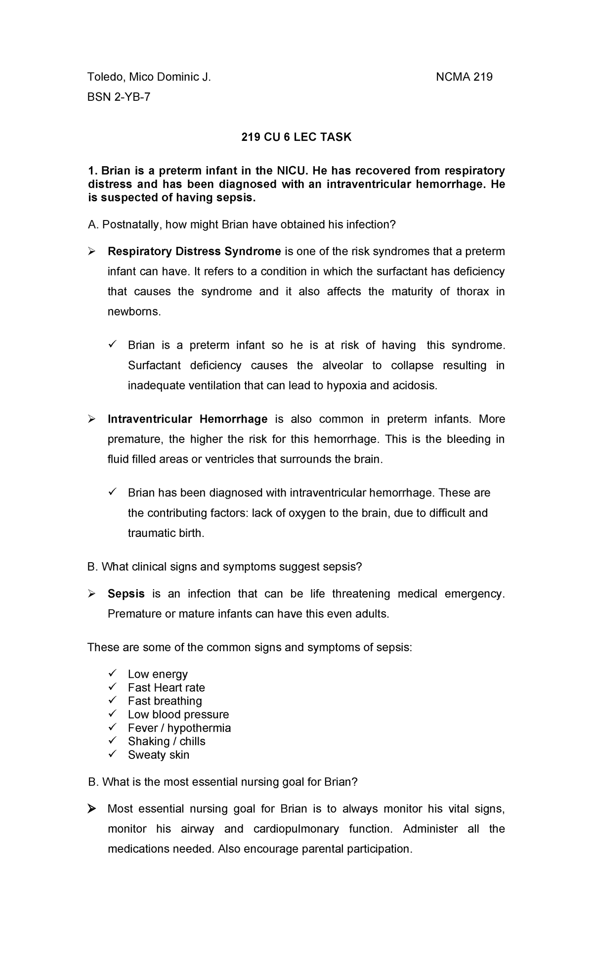 NCMA 219 BSN 219 CU 6 LEC TASK 1: NICU Case Study on Preterm Infant ...