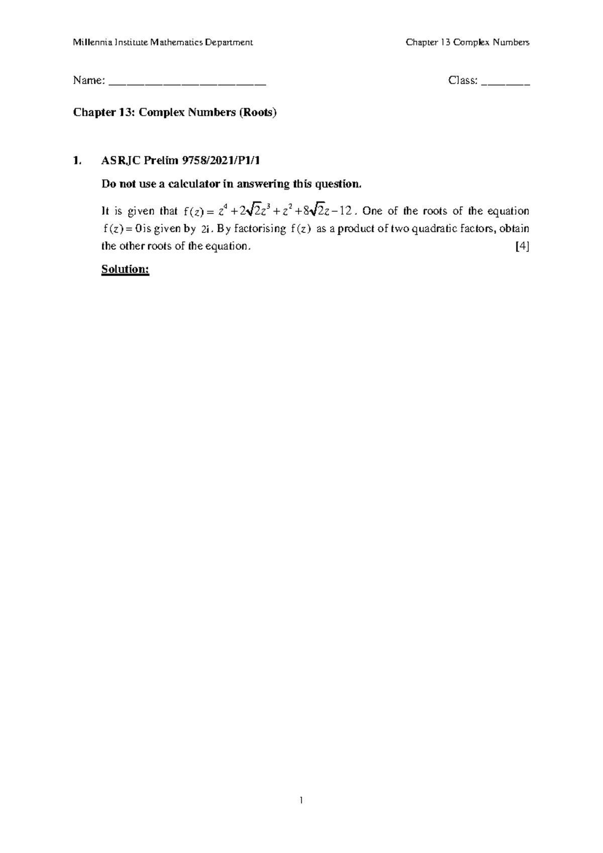 (2023 H2) worksheet on complex numbers (roots) no solution - Millennia ...