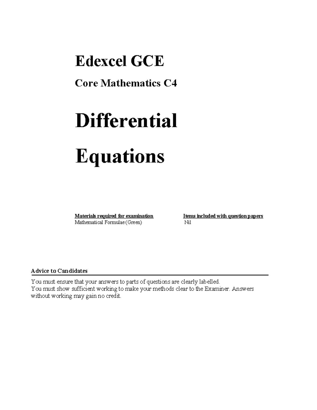 C4-differentialequations - Edexcel GCE Core Mathematics C Differential ...
