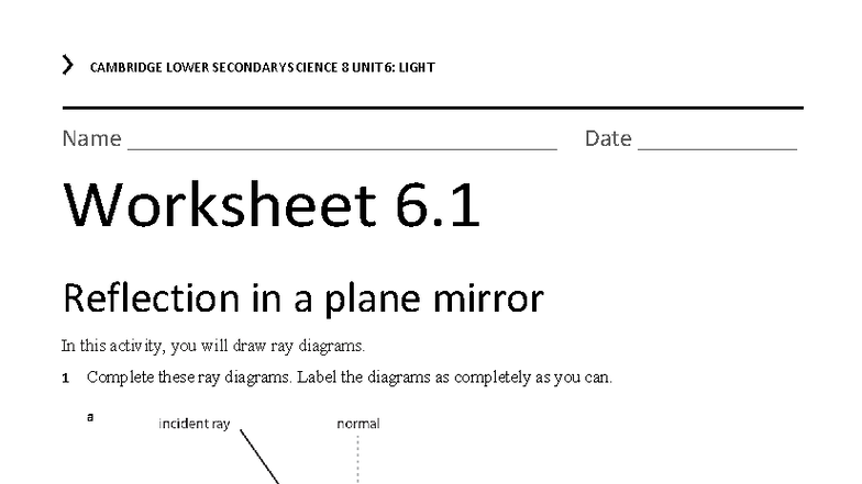 CAMBRIDGE LOWER SECONDARY SCIENCE 8 UNIT 6: LIGHT Worksheets - Studocu