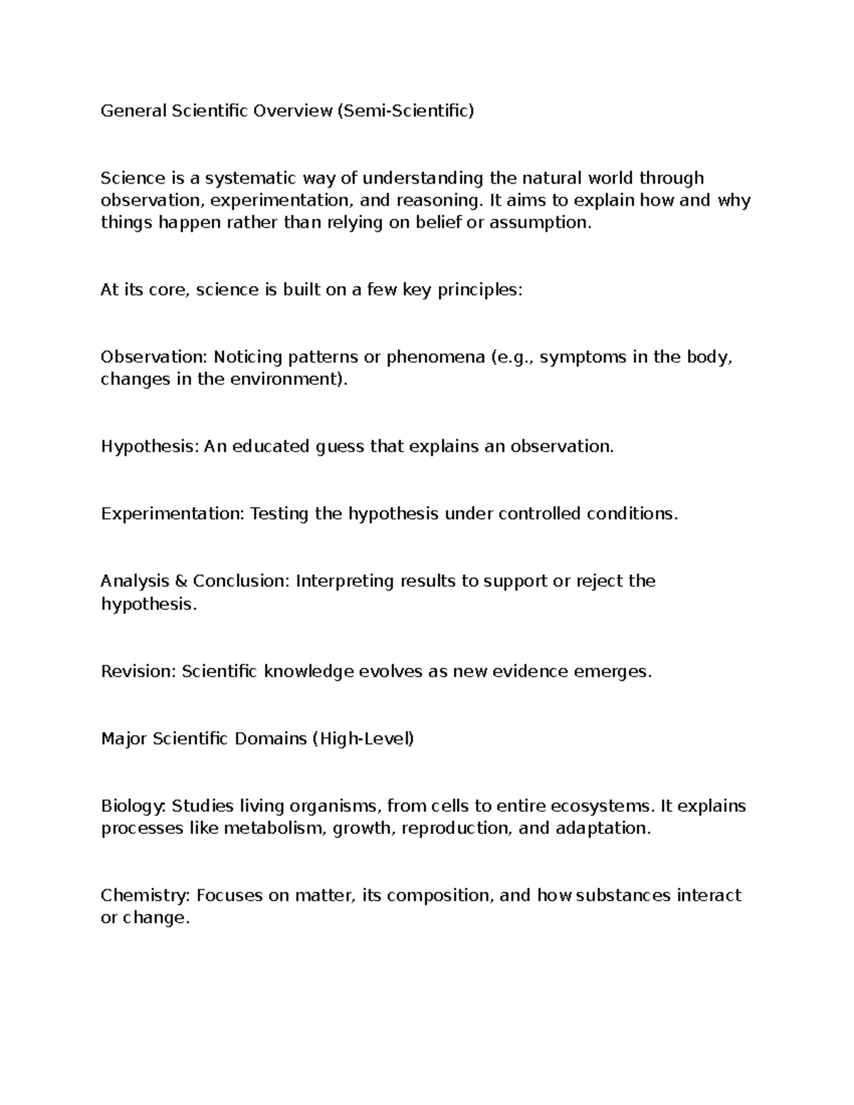 Scientific Overview: Key Principles and Domains of Science - Studocu