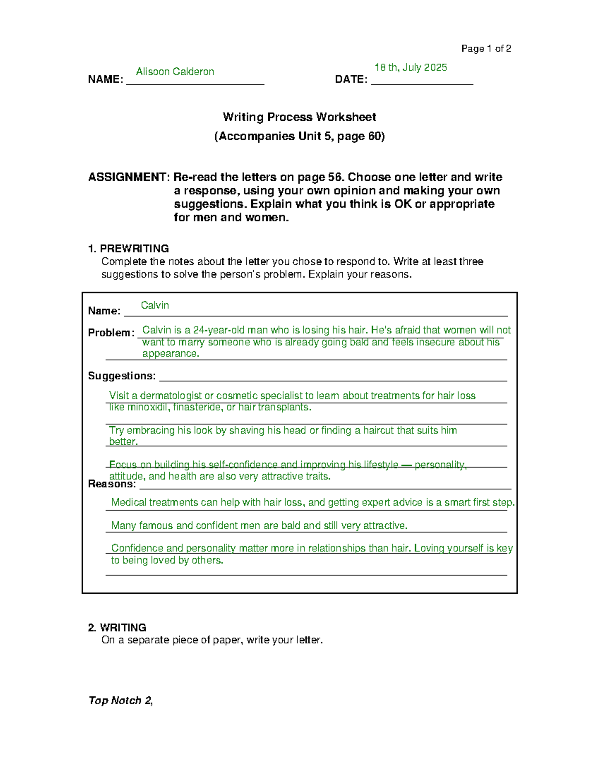 Top Notch 2: Writing Process Worksheet Response Assignment - Studocu