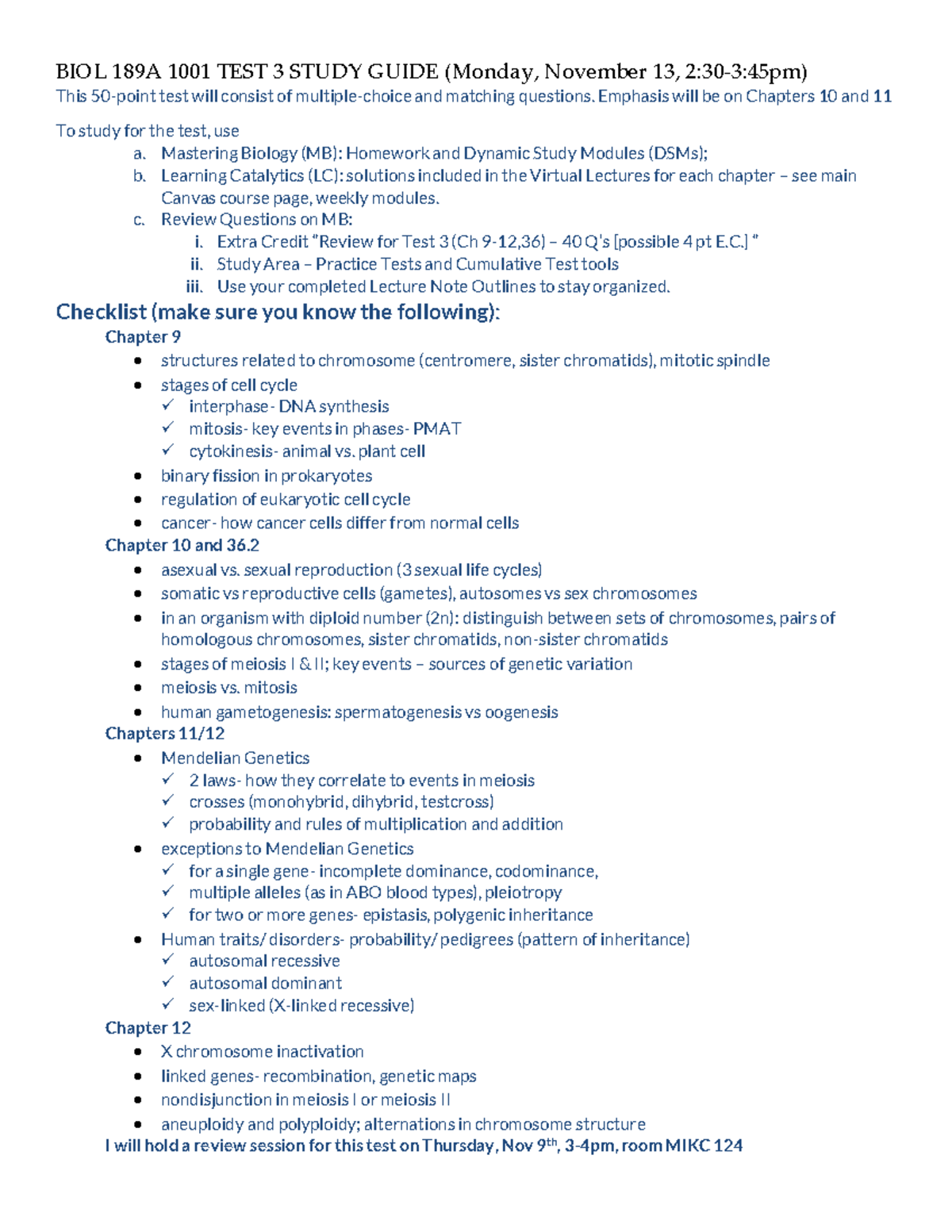 BIOL 189 Test 3 Study Guide: Chapters 9-12 Review Notes - Studocu