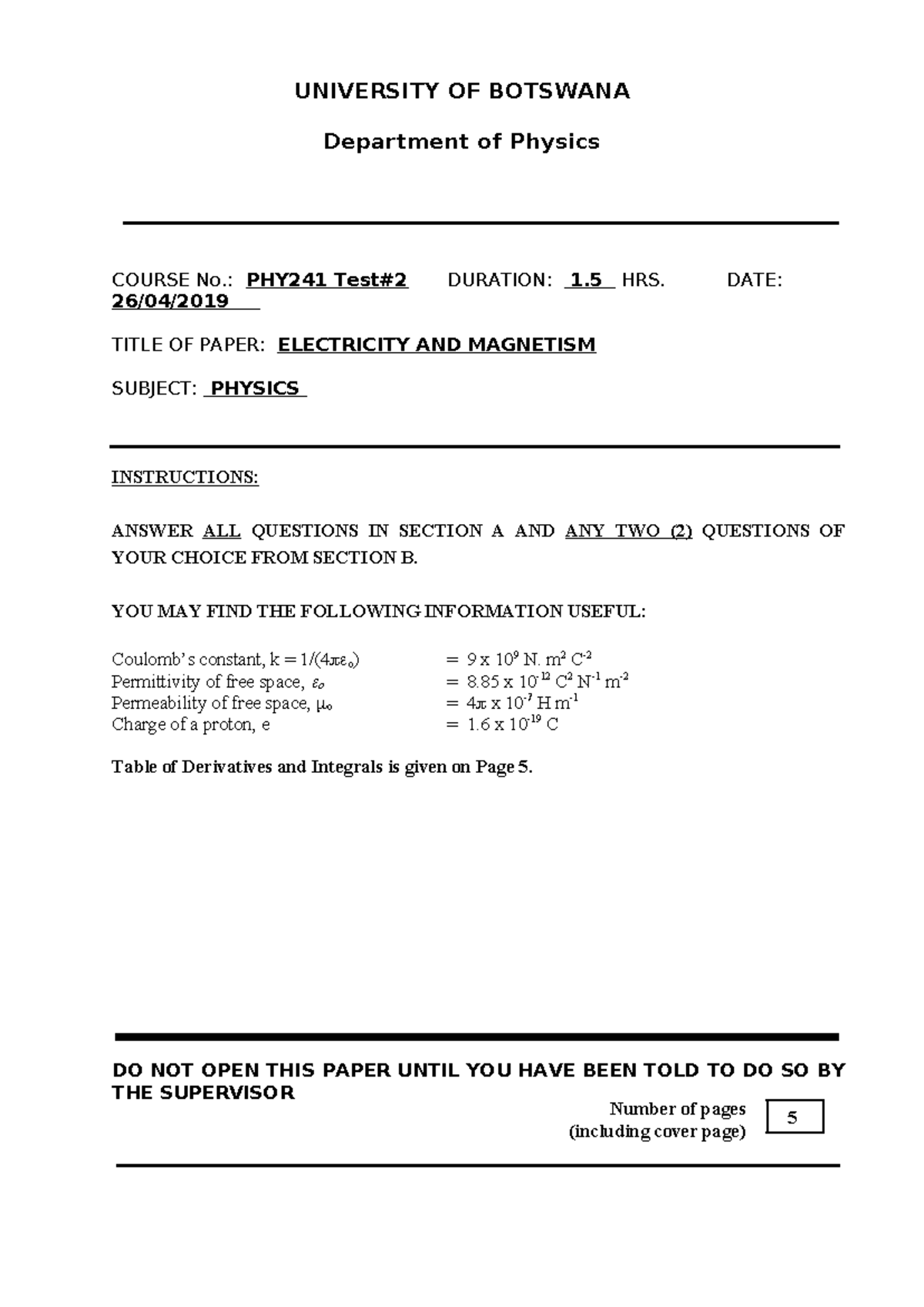 PHY241 Test #2 - Electricity and Magnetism Practice Questions - Studocu