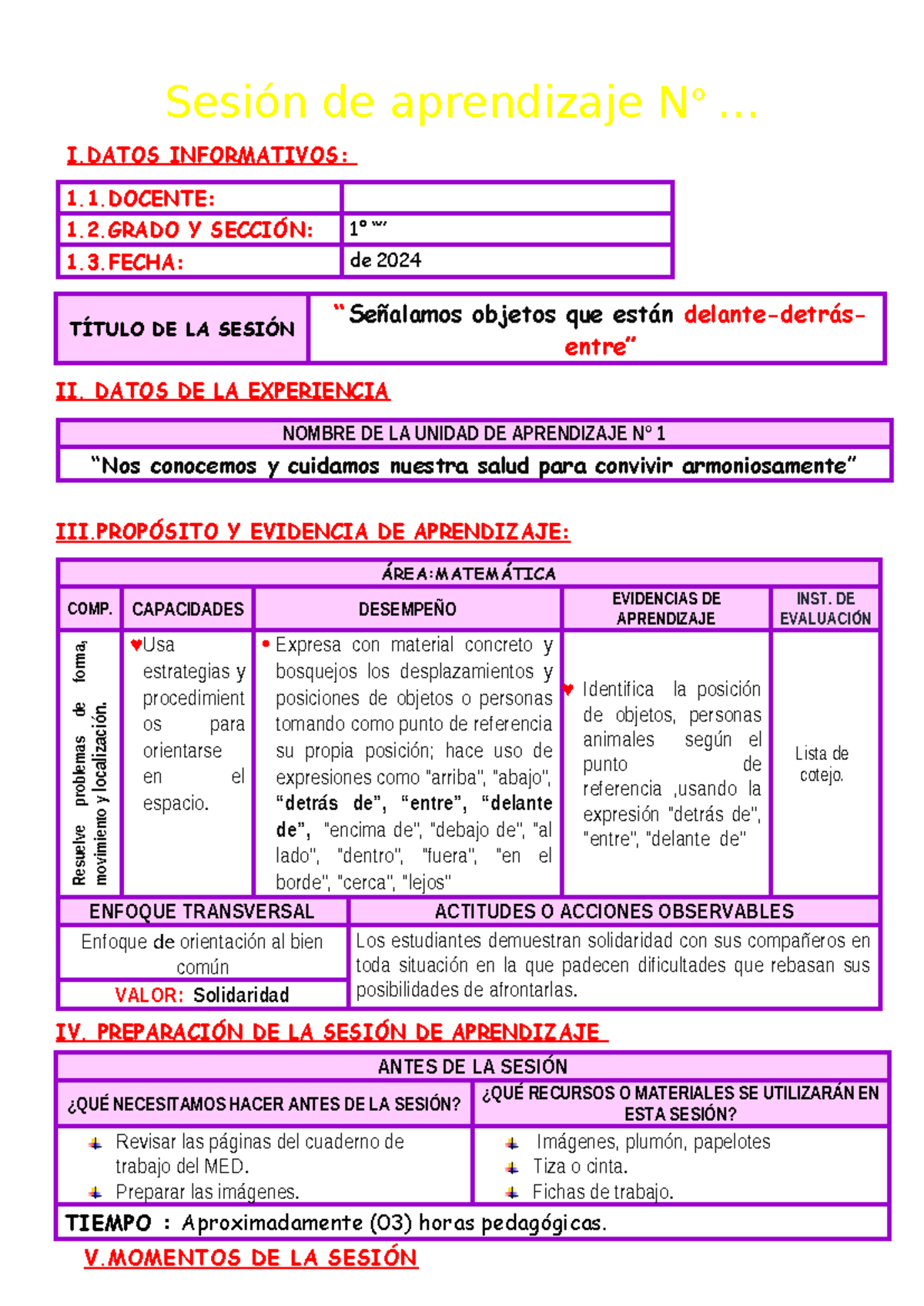 Sesión de Aprendizaje: Señalamos Objetos en 1° - Maestra Janet - Document Preview