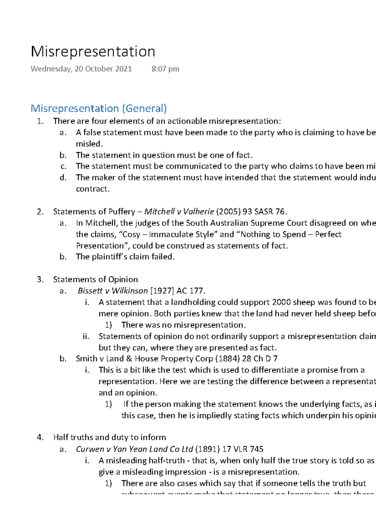 Misrepresentation Framework in Contract Law (LAW101) - Studocu