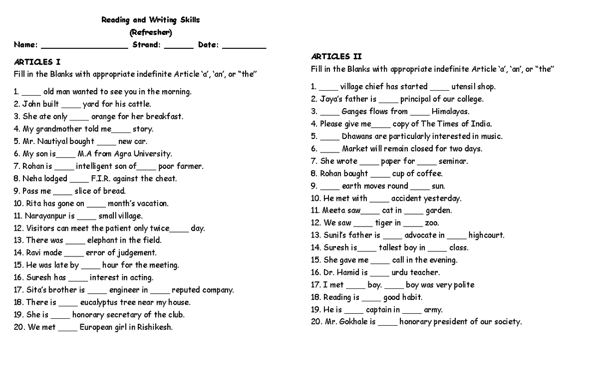 Reading and Writing Skills Refresher: Articles & Prepositions Exercises ...