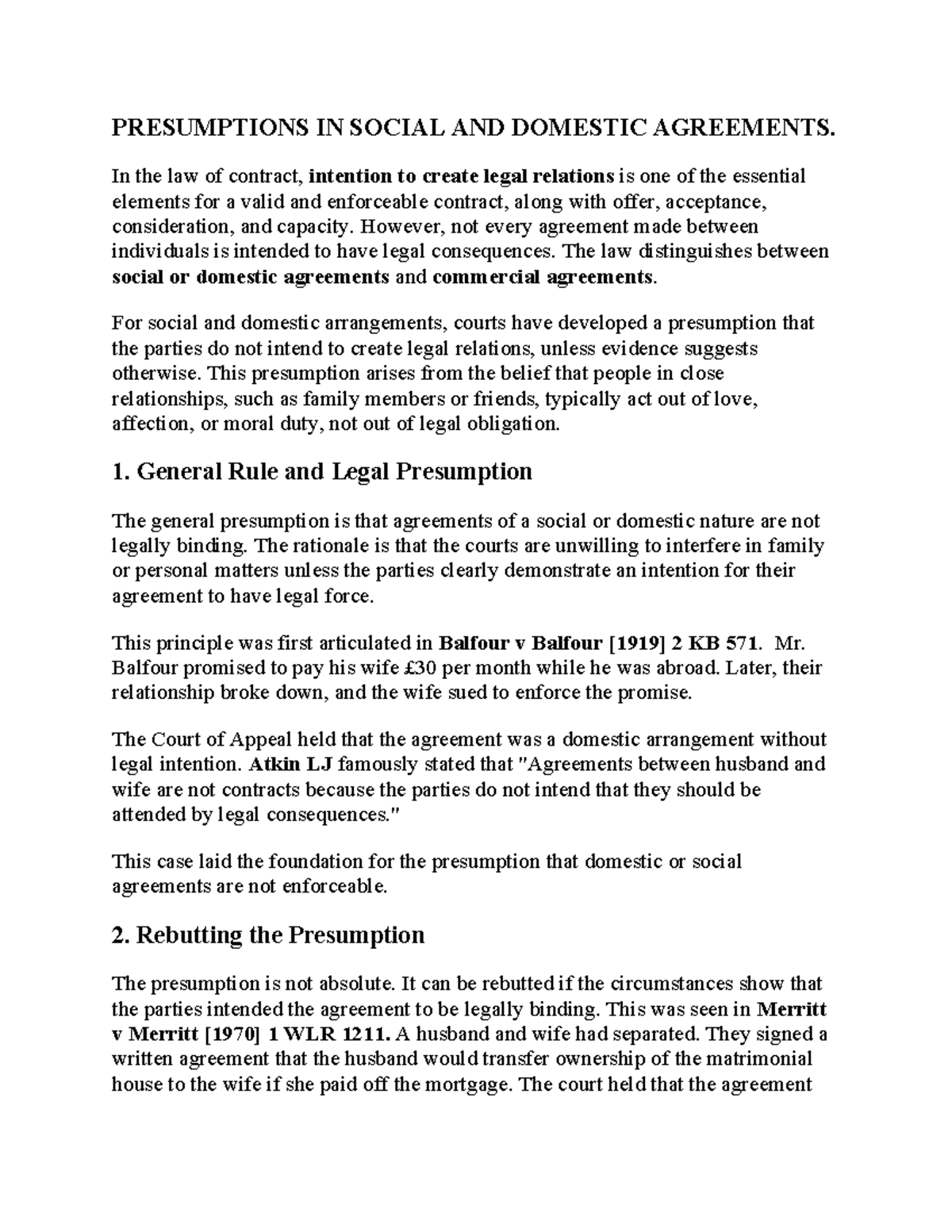 PRESUMPTIONS IN SOCIAL & DOMESTIC AGREEMENTS: LEGAL INTENT IN CONTRACTS ...