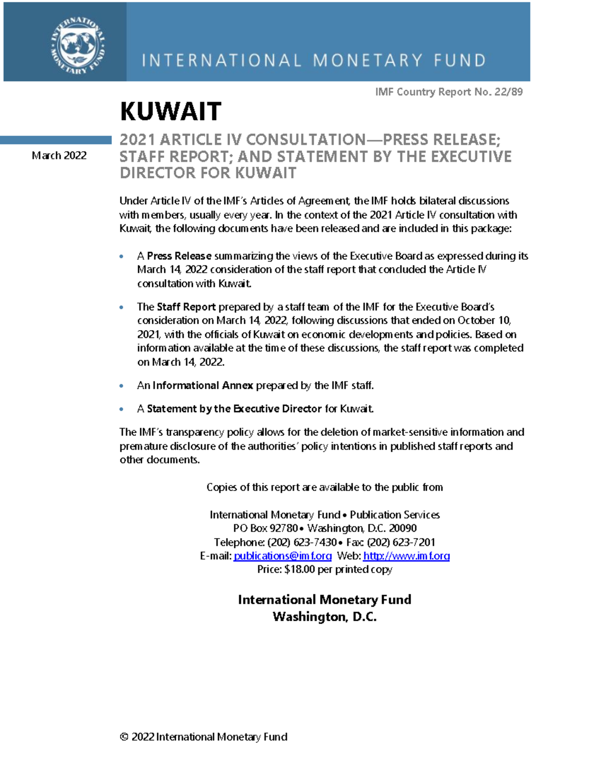 1 Kwtea 2022001 - IMF 2021 Article IV Consultation Report for Kuwait ...
