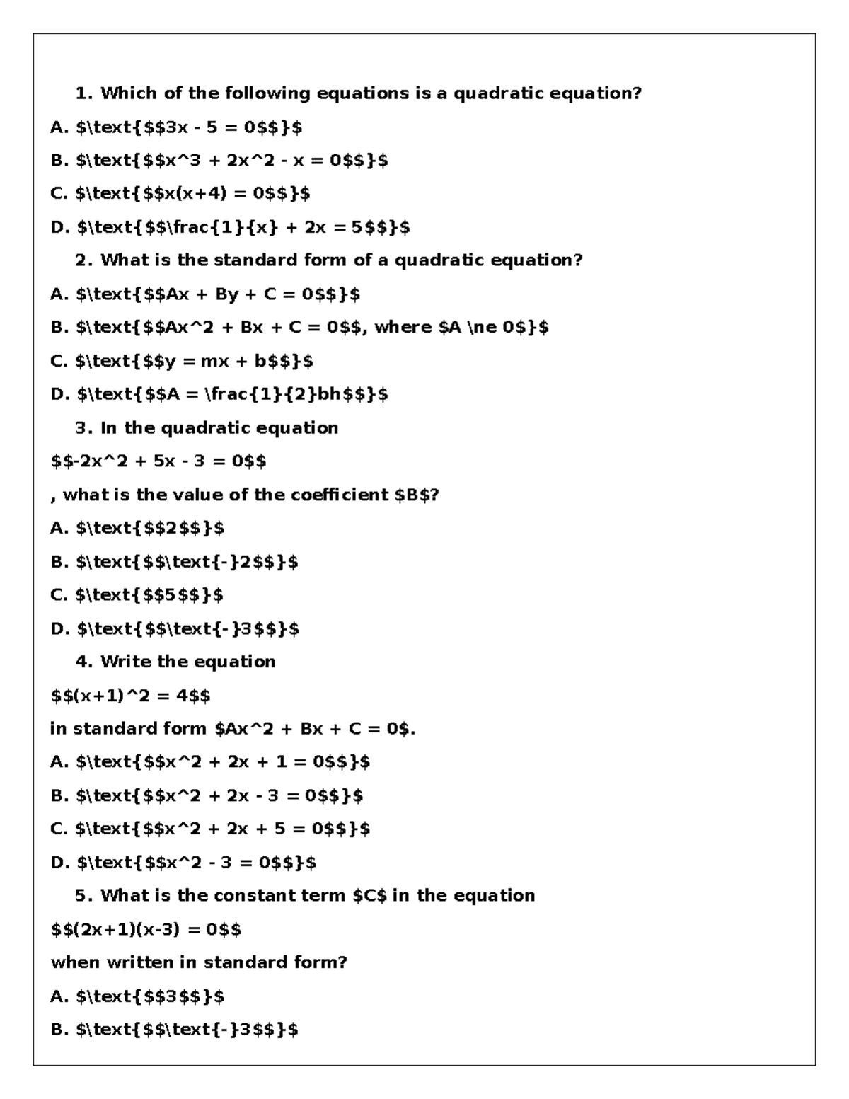 Grade 9 Math: Quadratic Equations & Inequalities Test (1st Quarter ...