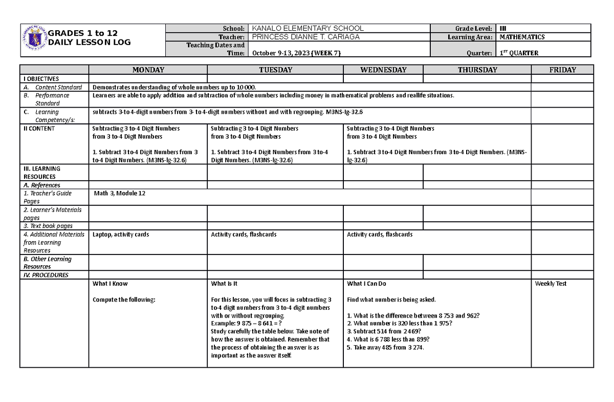 DLL Math 3 Q1 W7 - Daily Lesson Plan on Subtracting Numbers - Studocu