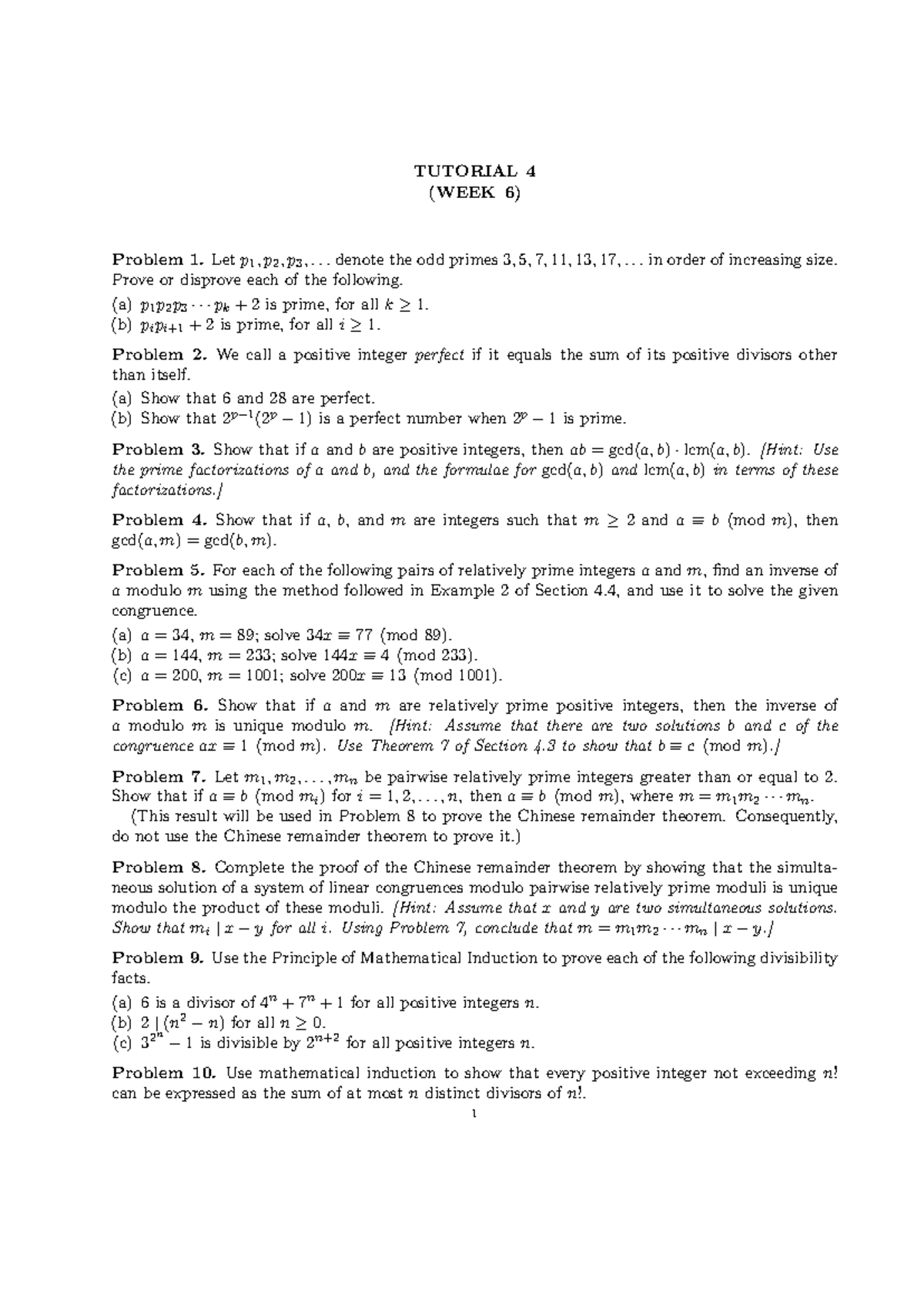 Tutorial 04: Week 6 Problems on Primes, Perfect Numbers, and Induction ...