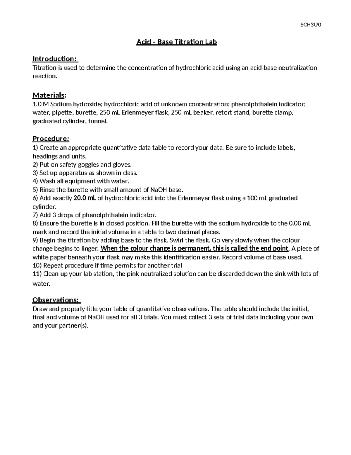 SCH3U Acid-Base Titration Lab Report Guidelines and Procedure - Studocu