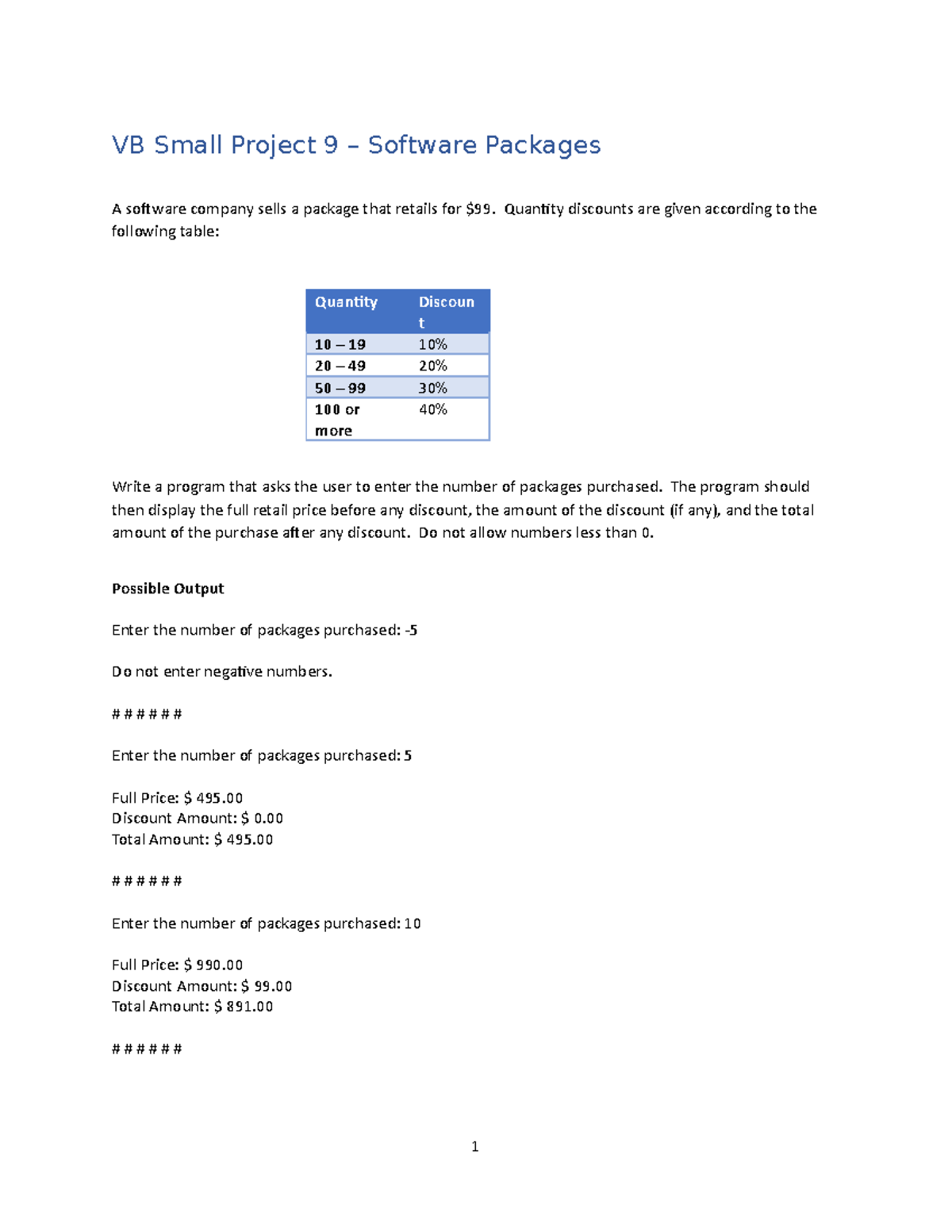 VB - Small Project 9: Program for Software Package Discounts - Studocu