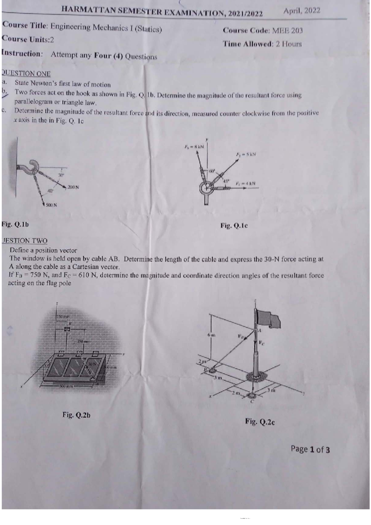 MEE 203 Harmattan Semester Exam: Engineering Mechanics I (Statics ...