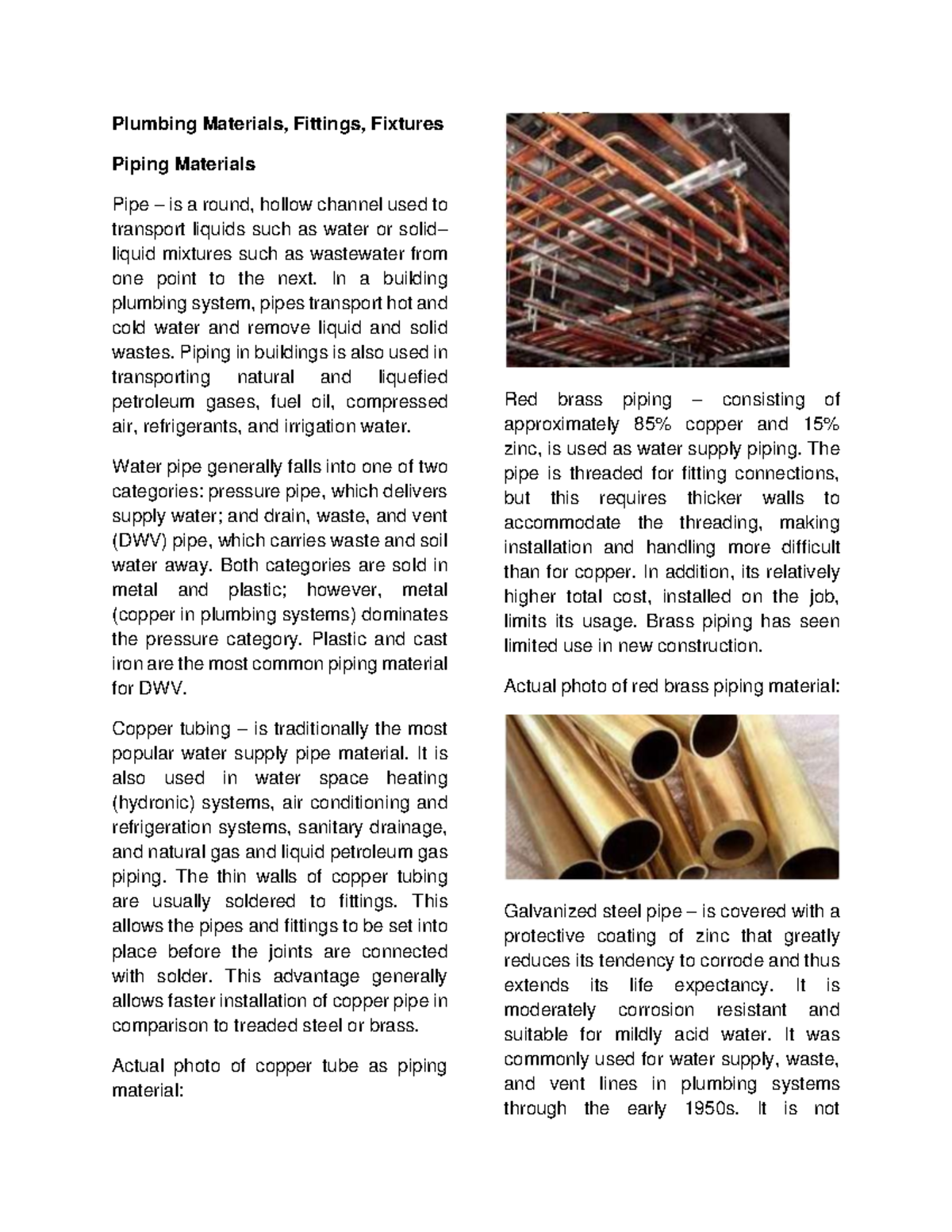 Plumbing Materials and Fixtures Overview (Course Code: PLB101) - Studocu