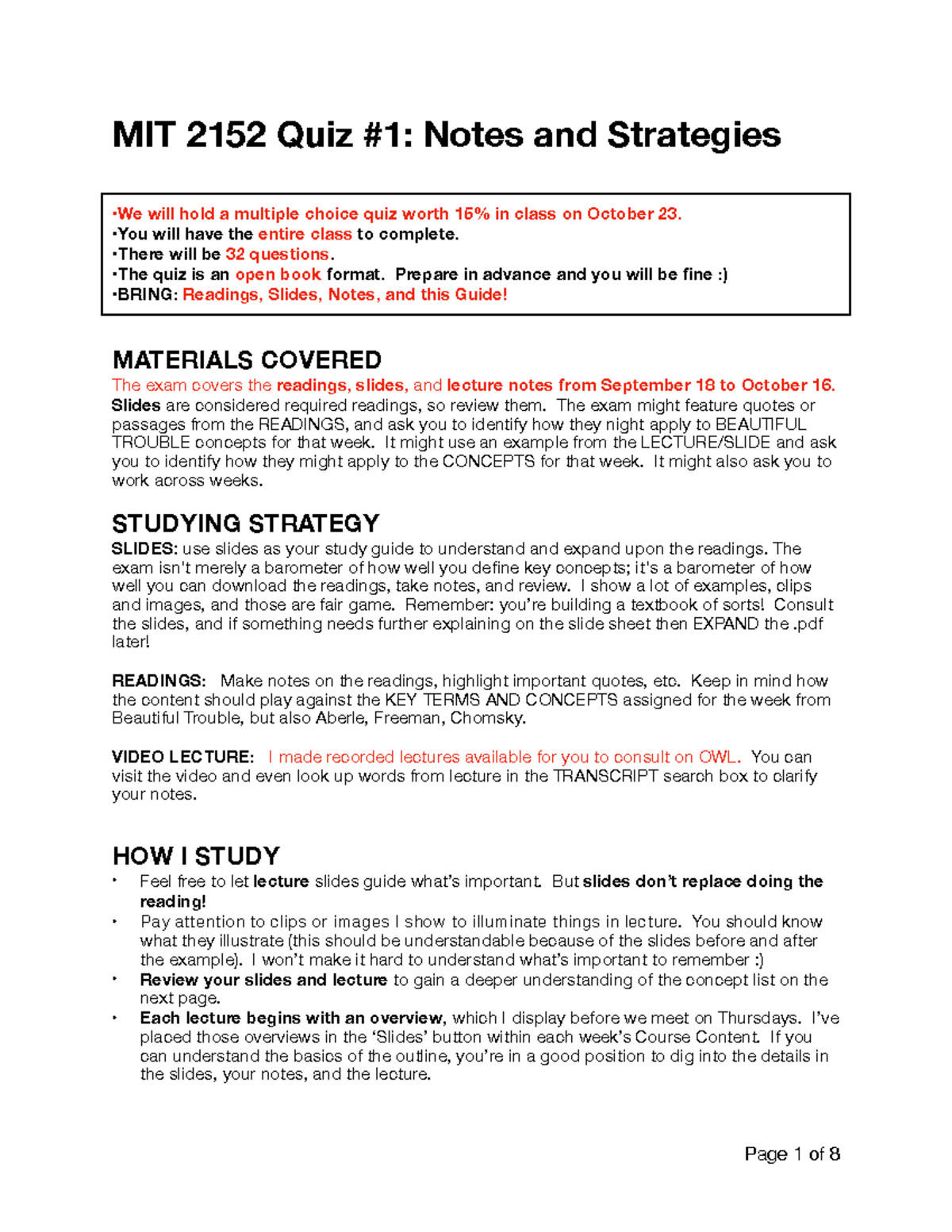 MIT 2152 Quiz Strategies: Open Book Format & Study Guide - Studocu
