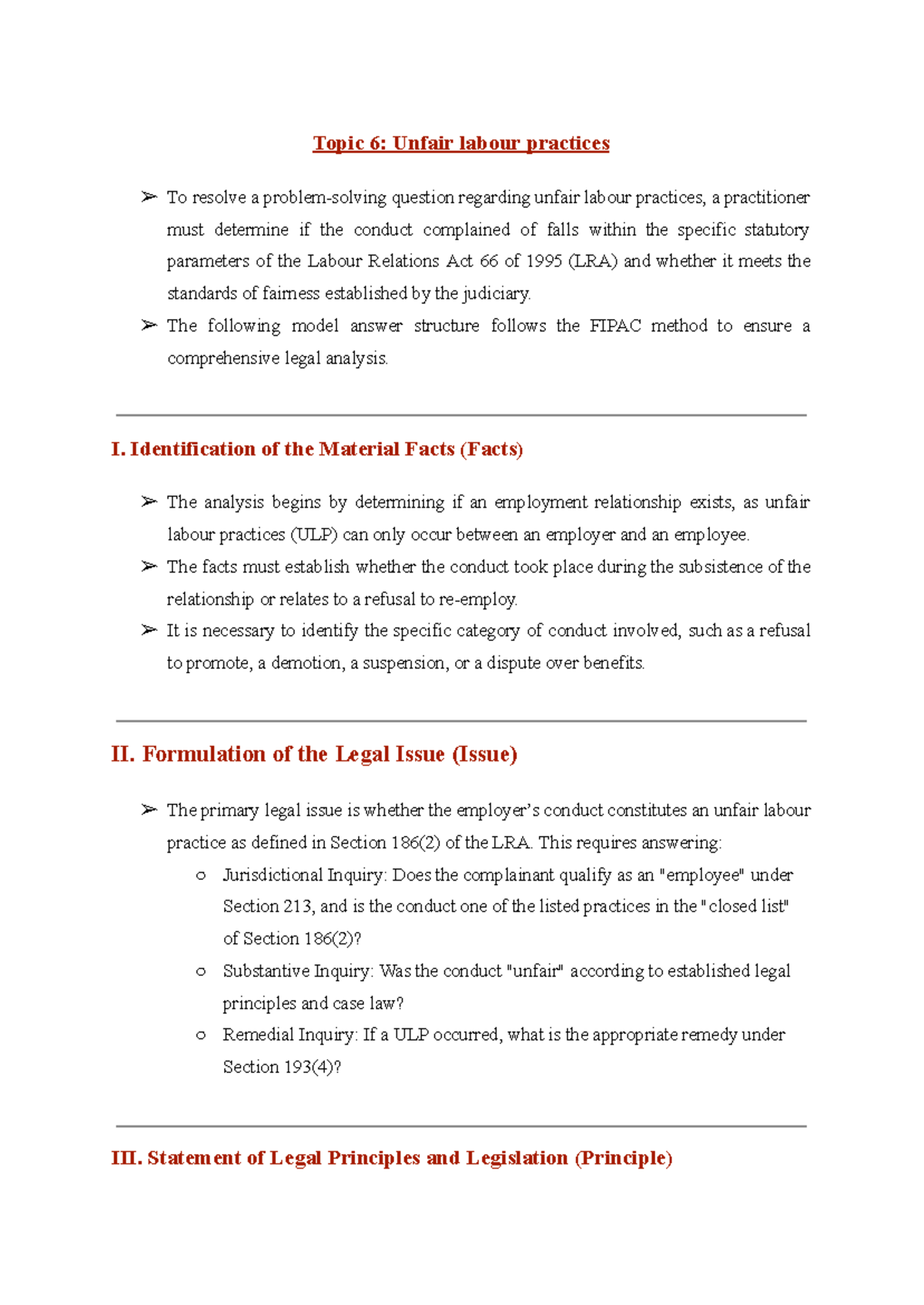 LL Topic 6: Unfair Labour Practices - Legal Analysis Guide - Studocu