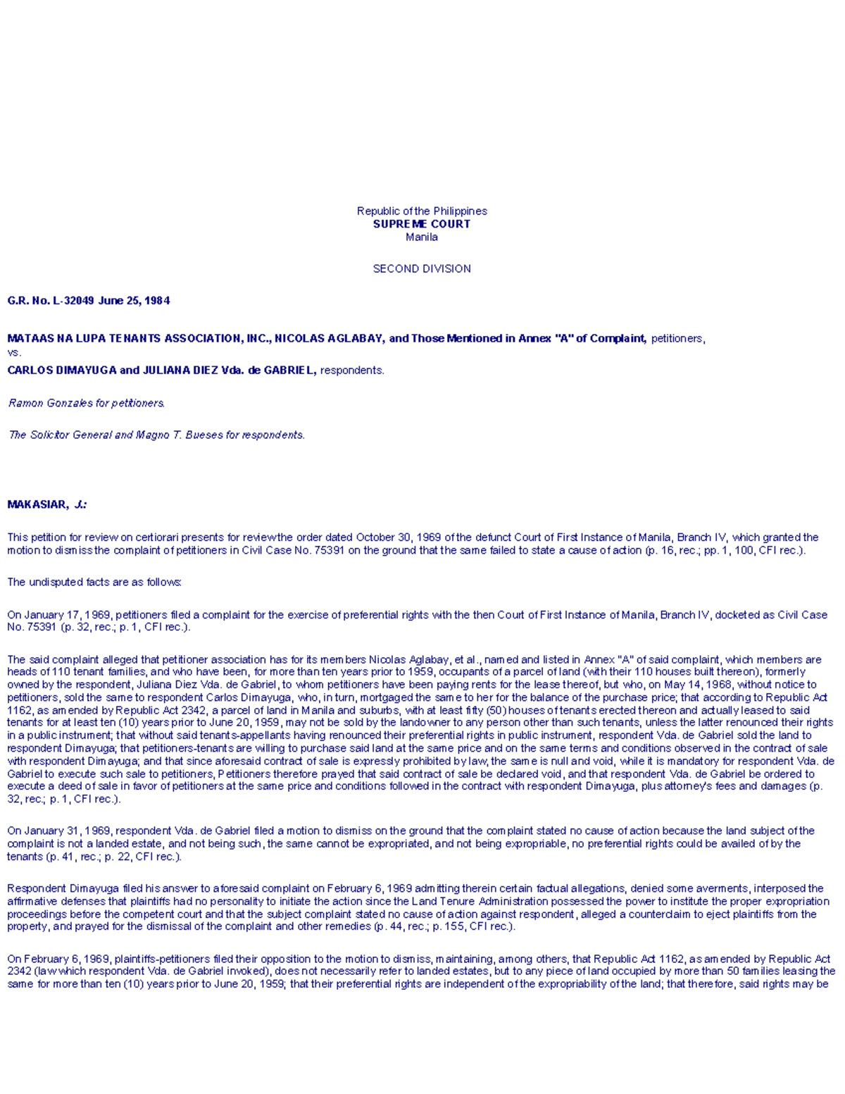 G.R. No. 75391: Mataas na Lupa Tenants Assoc. vs. Dimayuga & Diez (1984 ...