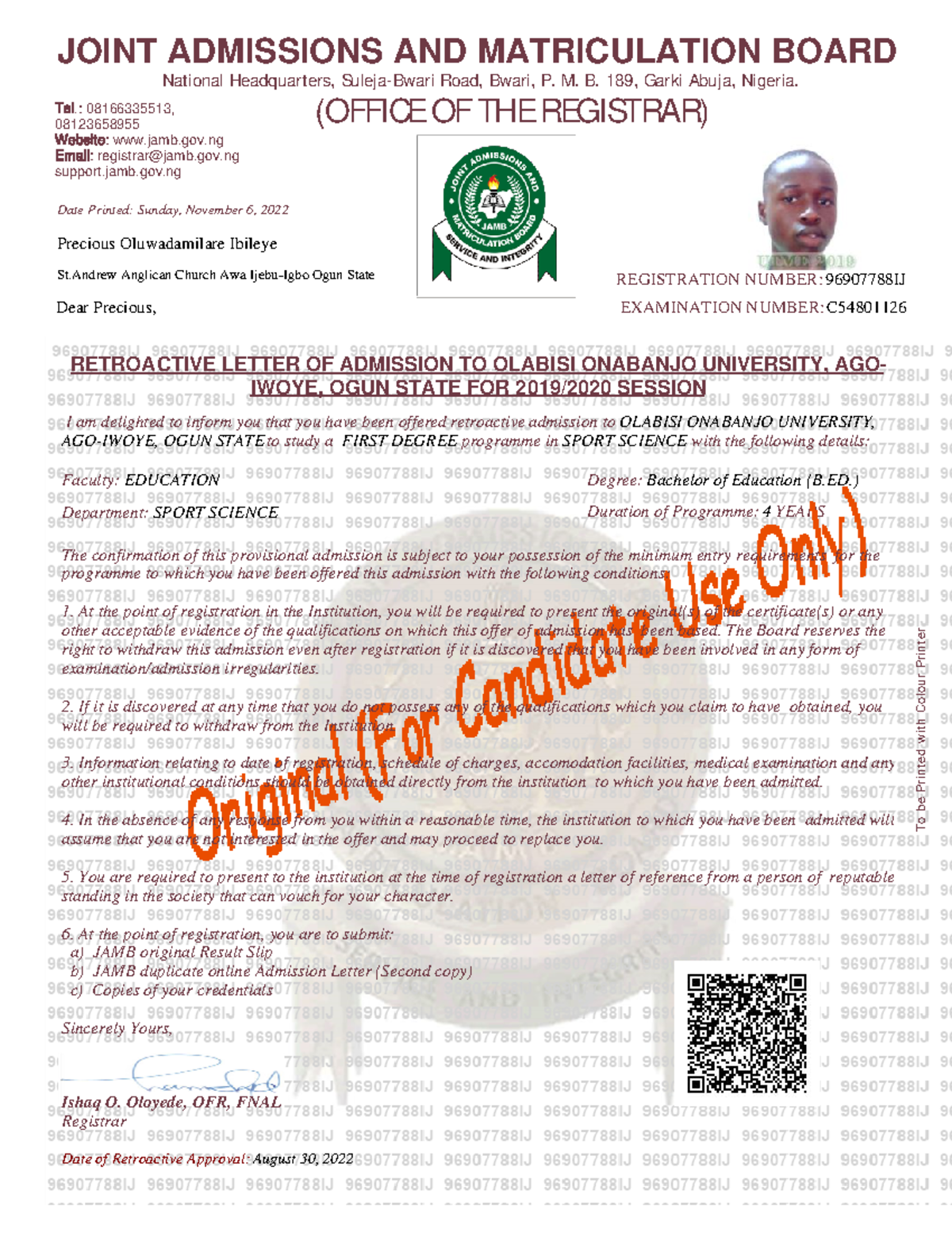 Admission Letter for Precious Oluwadamilare Ibileye - Sport Science B ...