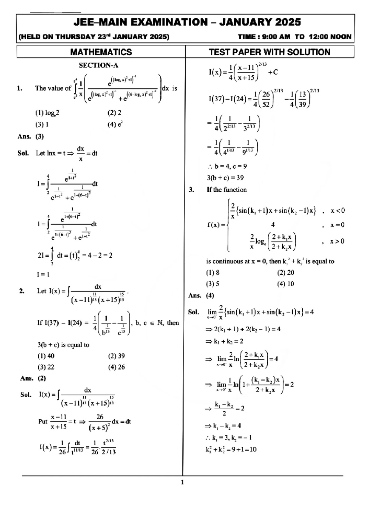 E29 JEE Main Mathematics Test Paper with Solutions - Studocu