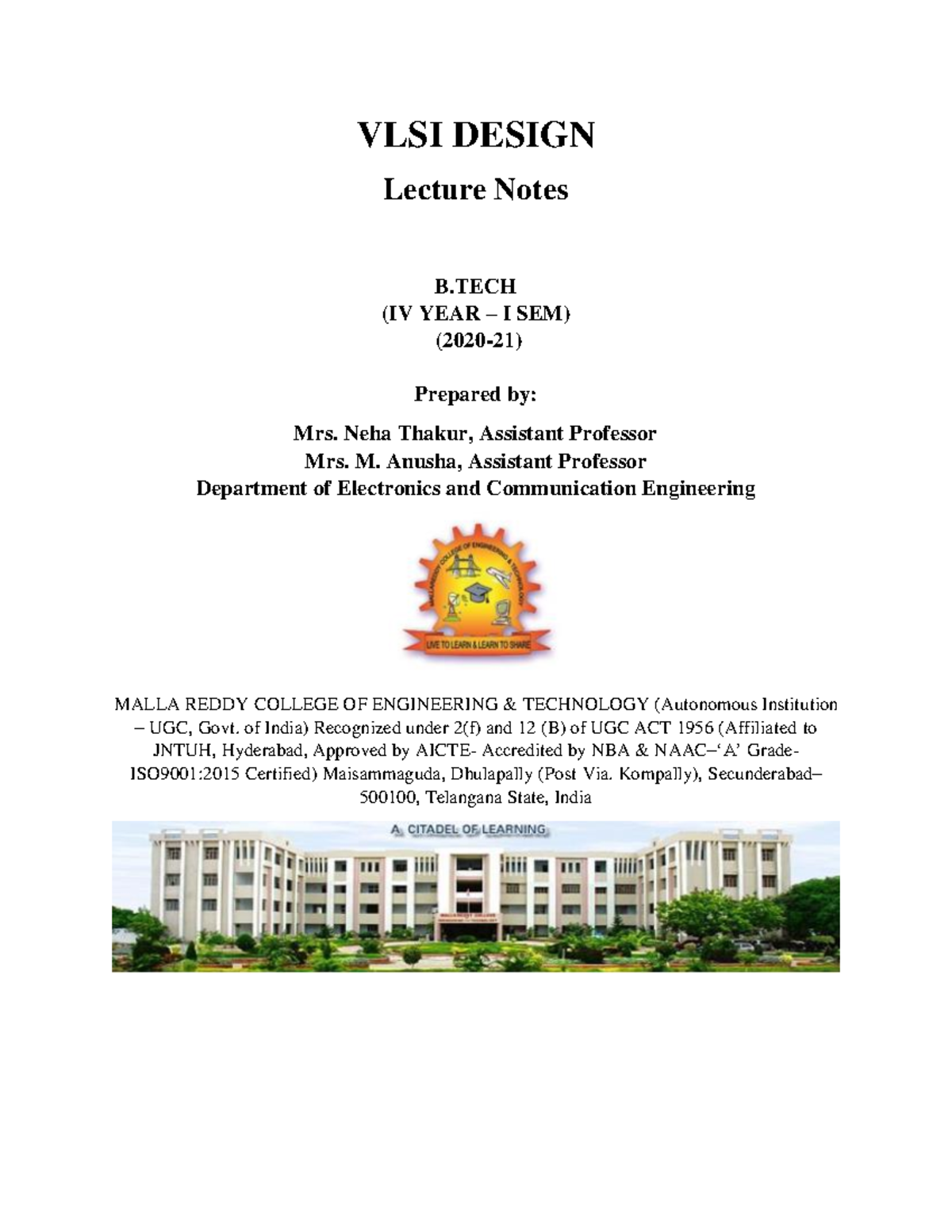 VLSI Design - VLSI DESIGN Lecture Notes B (IV YEAR – I SEM) (2020-21 ...