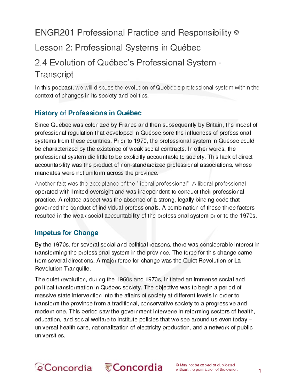 ENGR201 Lesson 2.4: Evolution of Professional Systems in Québec - Studocu