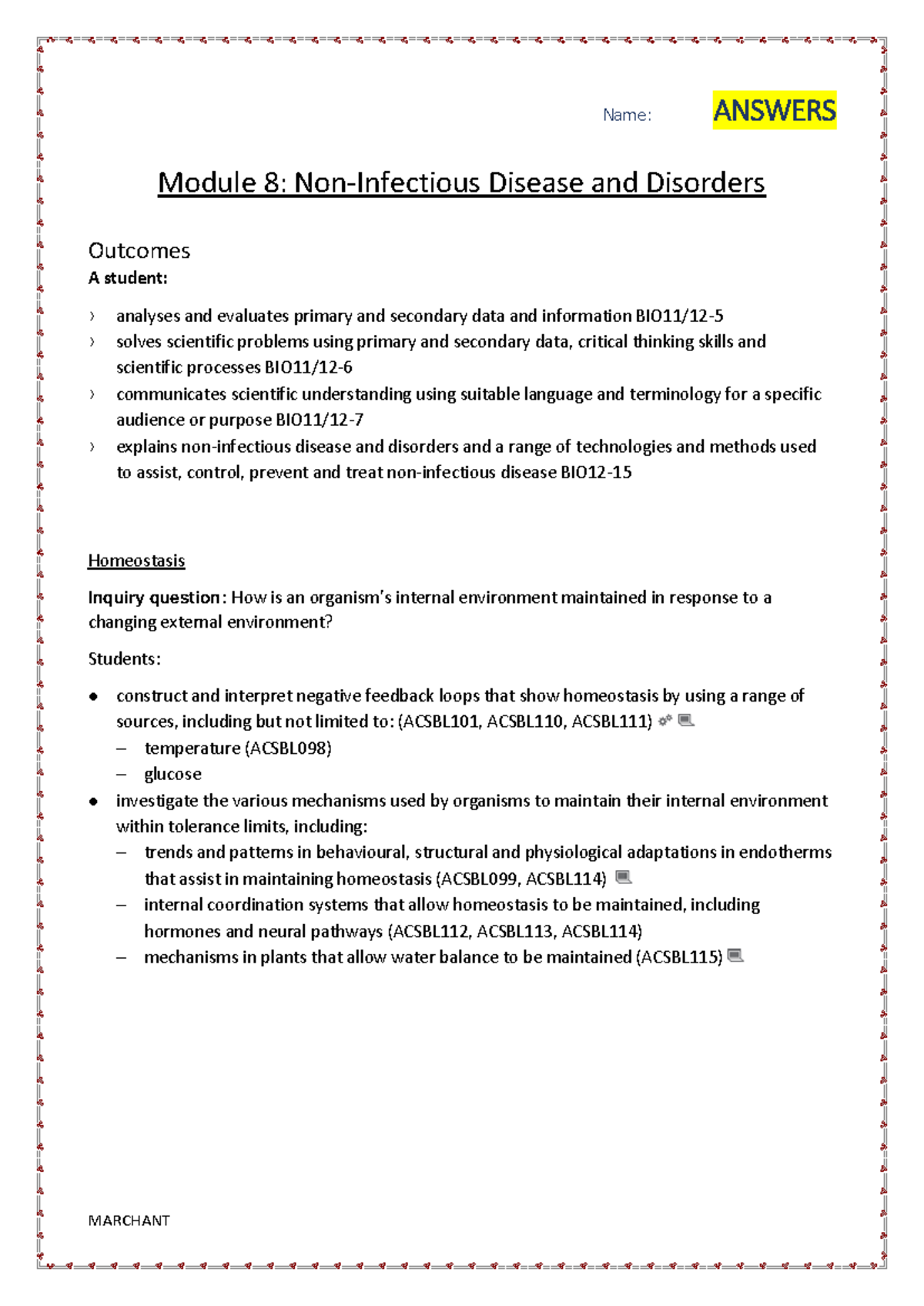Homeostasis and Disease: ACSBL101 Module 8 Answers - Studocu