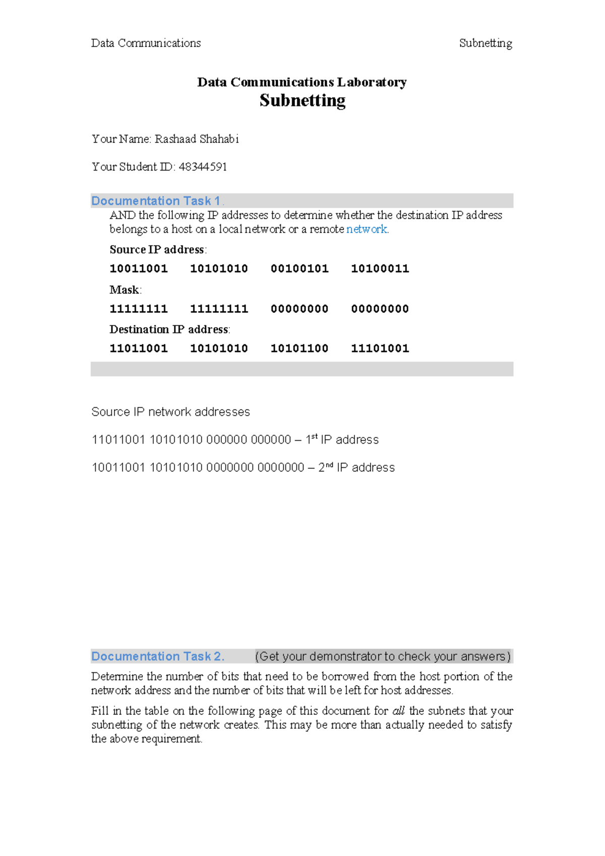 Practical - Subnetting - Documentation Template - Data Communications ...