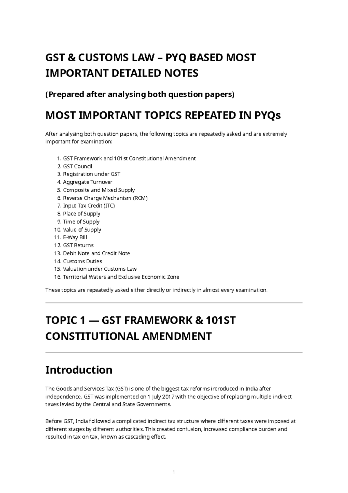 GST CUSTOMS LAW PYQ DETAILED NOTES ON IMPORTANT TOPICS - Studocu