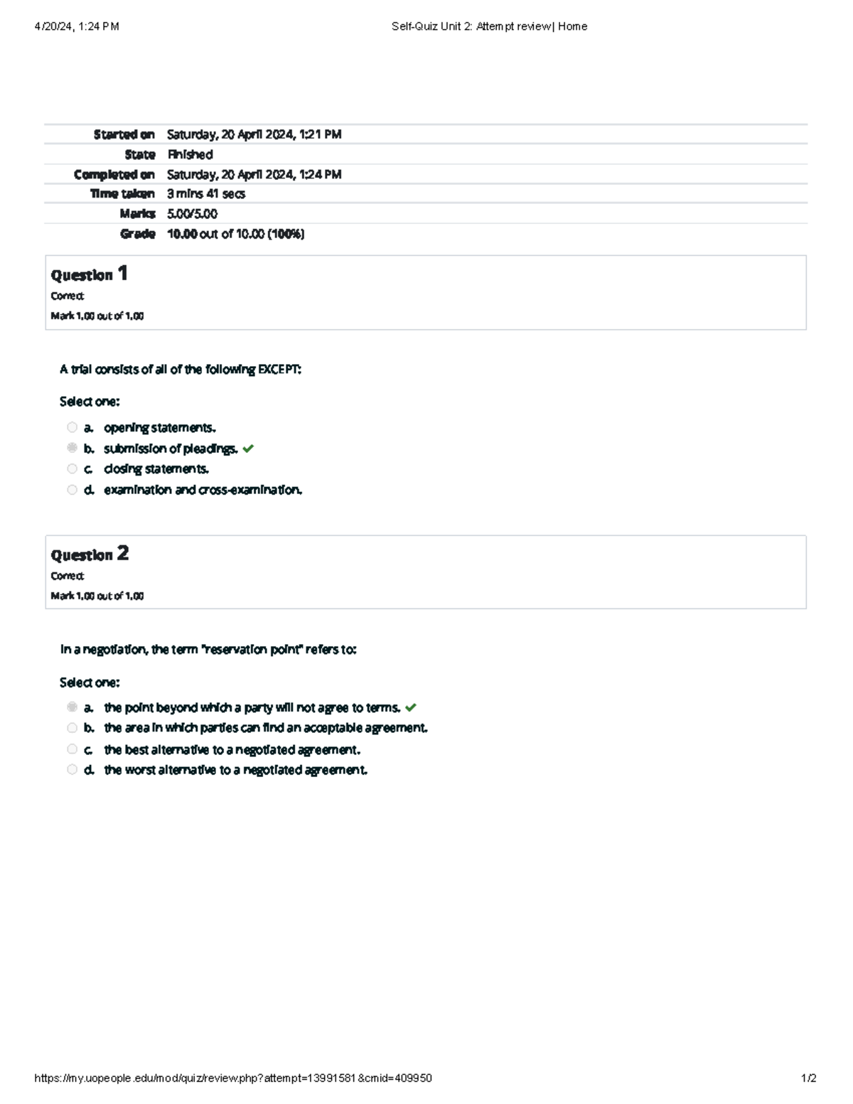 BUS 3305 Self-Quiz Unit 2 Attempt review 2 - 4/20/24, 1:24 PM Self-Quiz ...