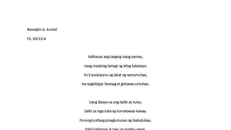 FIL 102 Tula: Kalikasan at ang Kahalagahan nito sa Kabataan - Studocu