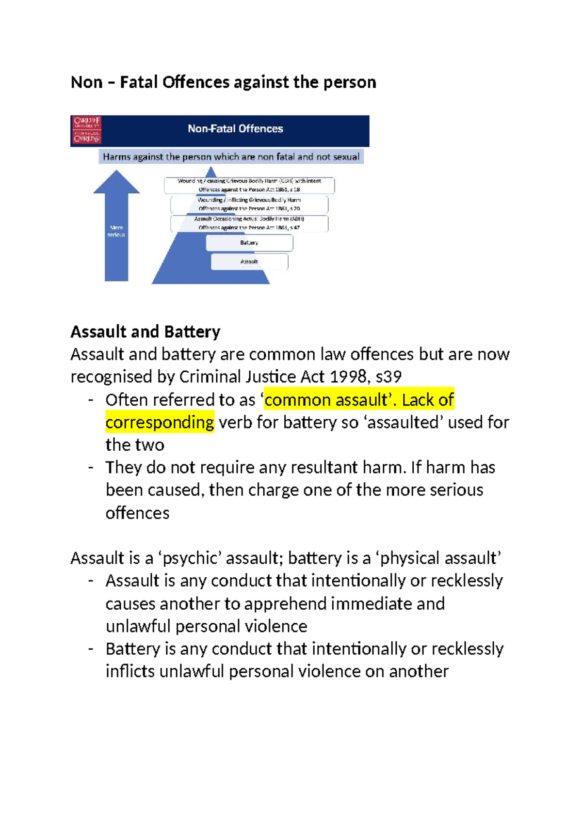Non-Fatal Offences - Lecture Notes - Non – Fatal Offences against the ...