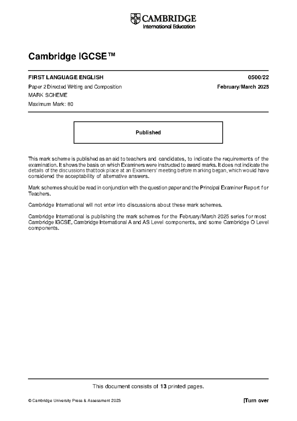 Cambridge IGCSE 0500 Paper 2 Mark Scheme 2025 for Directed Writing ...