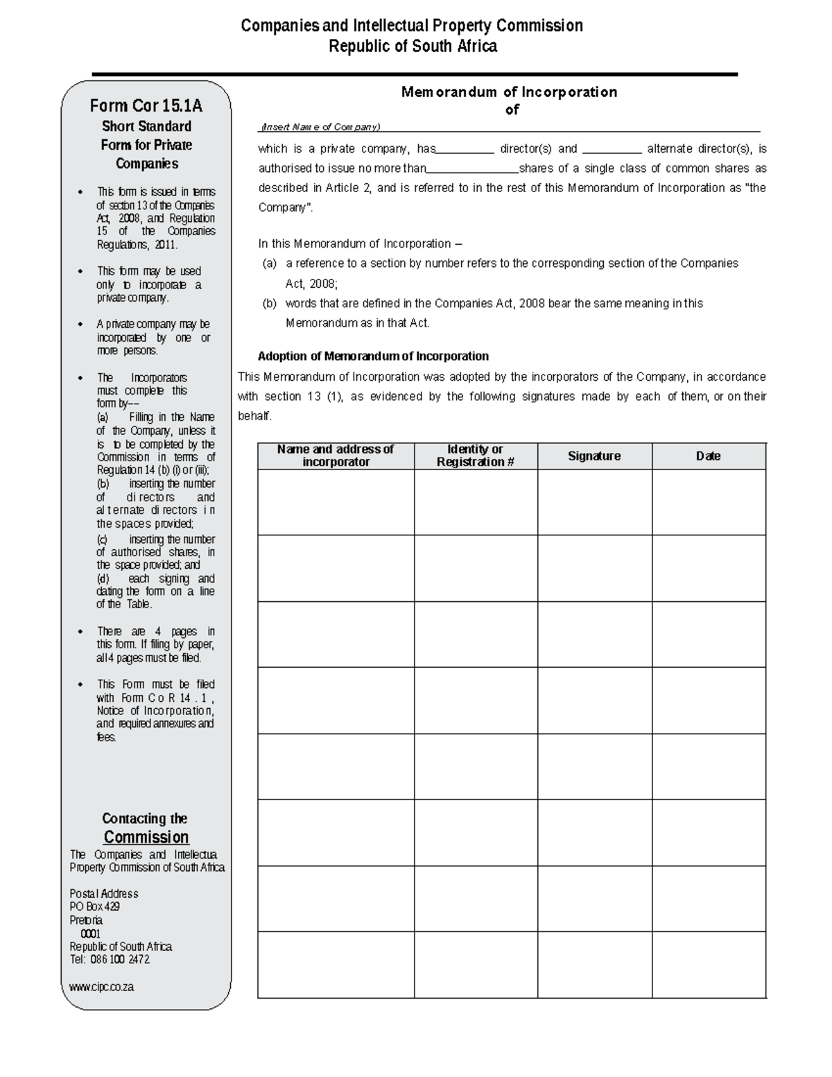Generic MOI Notes for Private Companies - Form Cor 15.1A - Studocu