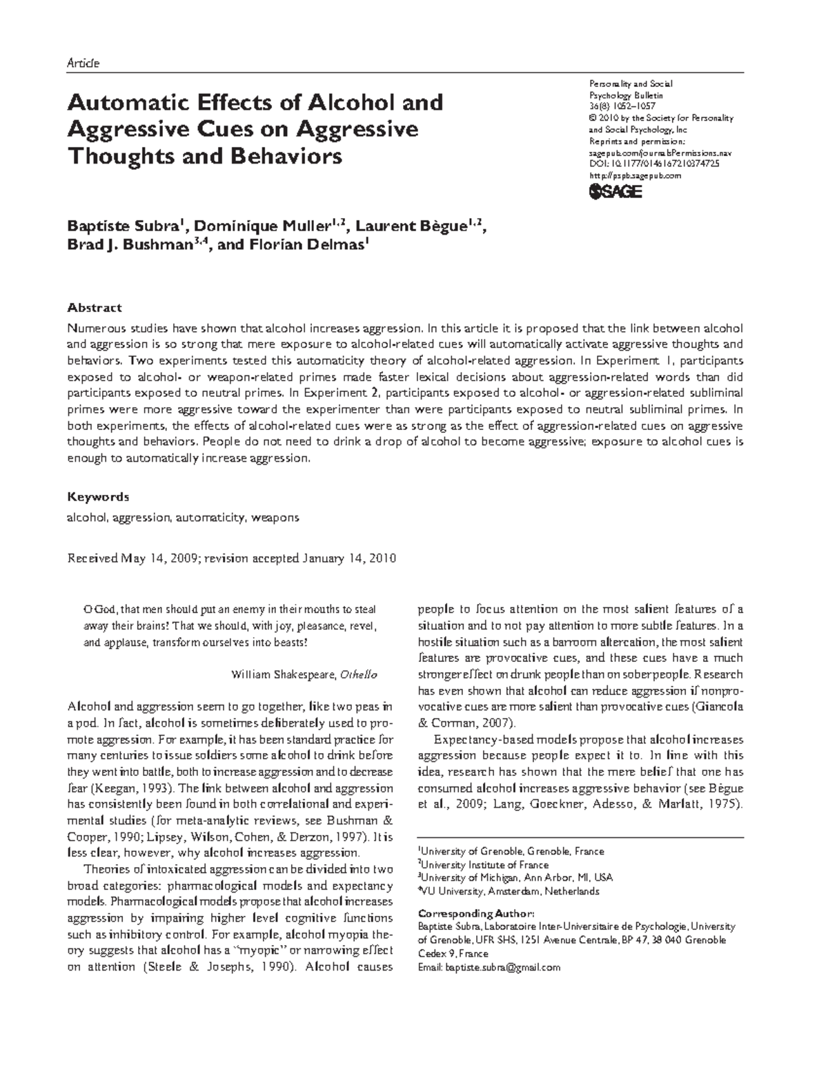 Automatic Effects of Alcohol Cues on Aggressive Thoughts and Behaviors ...