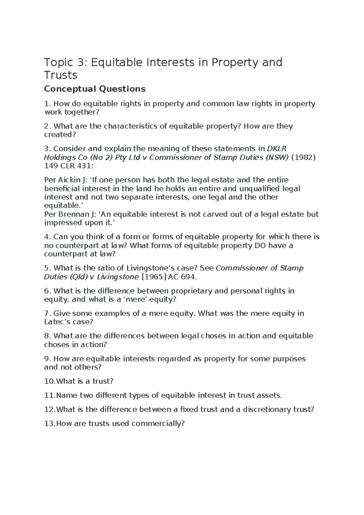 Topic 3 - Equitable Interests in Property & Trusts Explained - Studocu