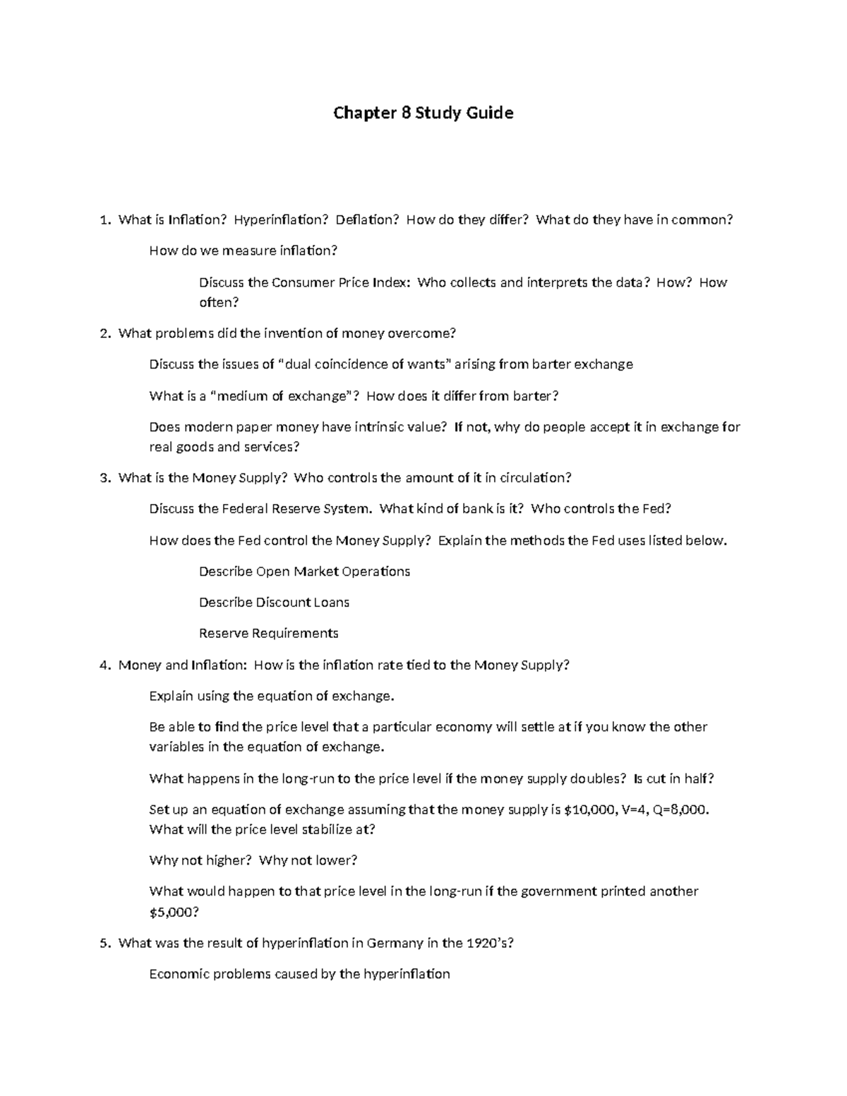 Chapter 8 Study Guide: Money, Inflation, and Economic Principles - Studocu