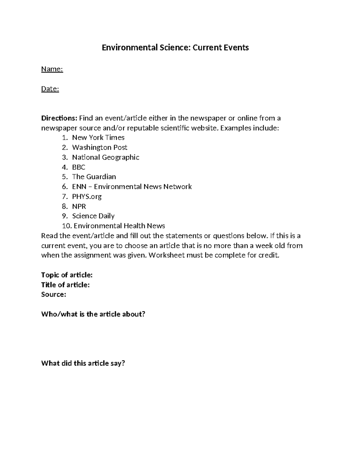 Environmental Science - Current Events Assignment Worksheet - Studocu