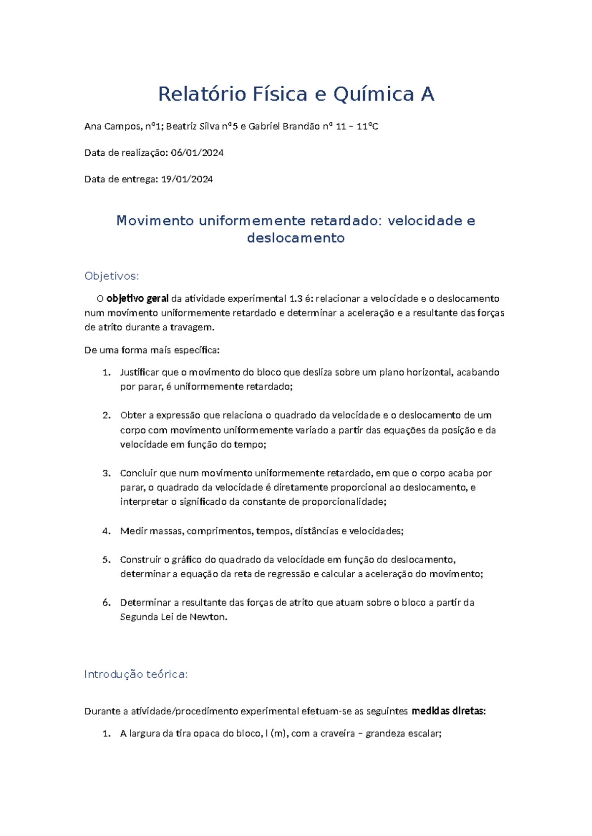 Relatório de Atividade Laboratorial: Movimento Retardado - Física e ...