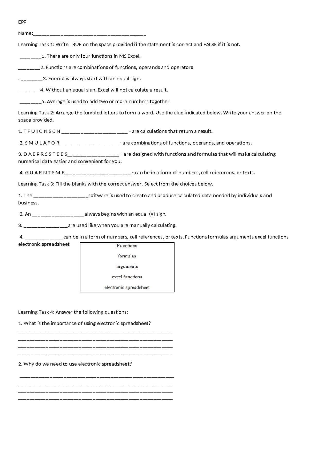 EPP - summative test - EPP Name ...