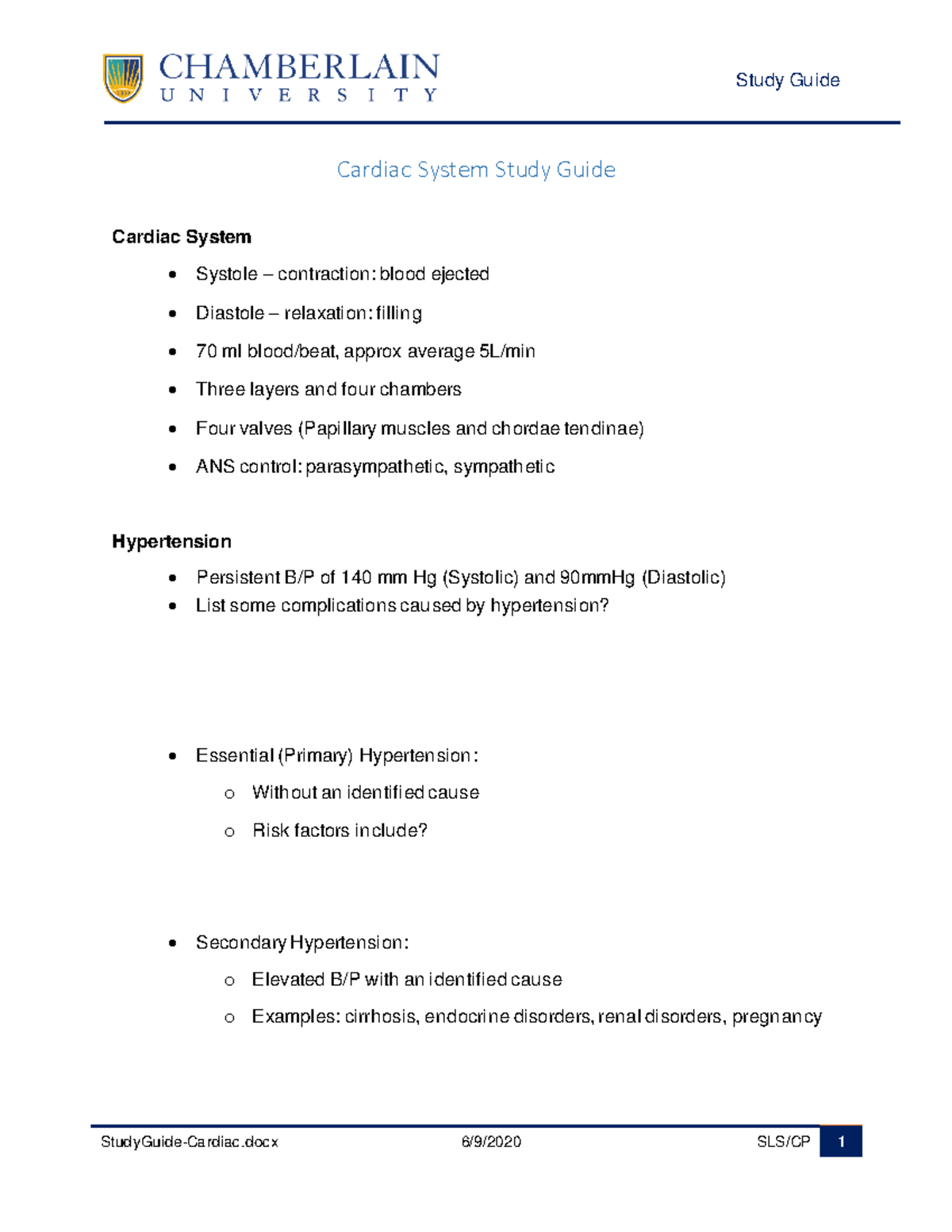 Cardiac Pathology & Nursing Care Study Guide (Course Code CRD-202 ...