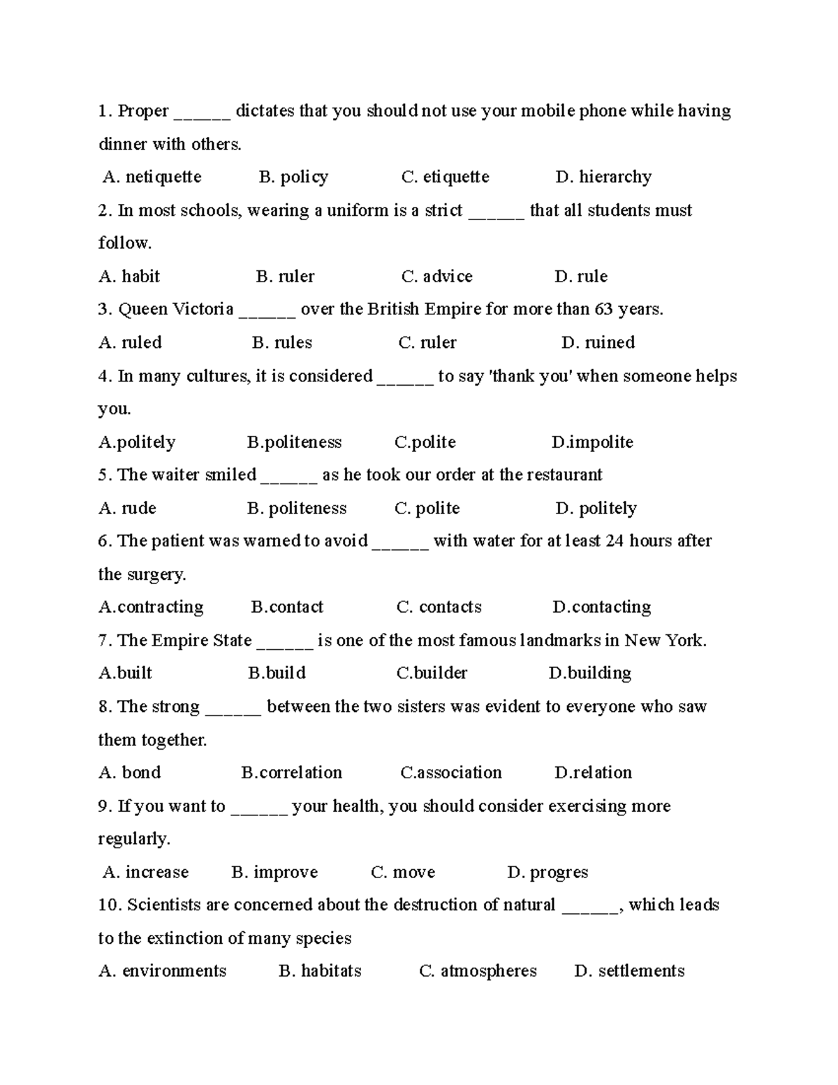 15 Questions Unit 3 - Vocabulary and Grammar Practice - Studocu