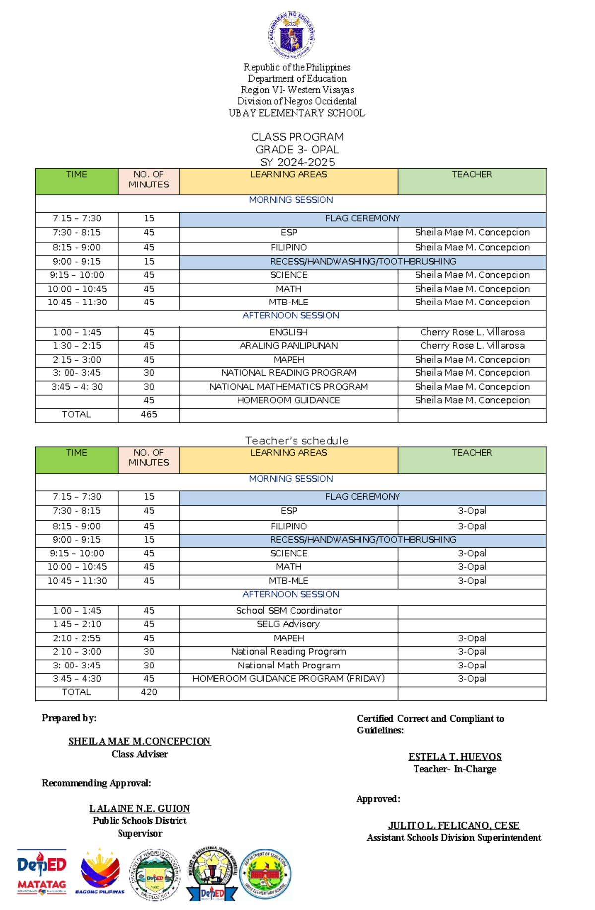 Class Schedule 2024-2025 grade 3 - Department of Education Region VI ...