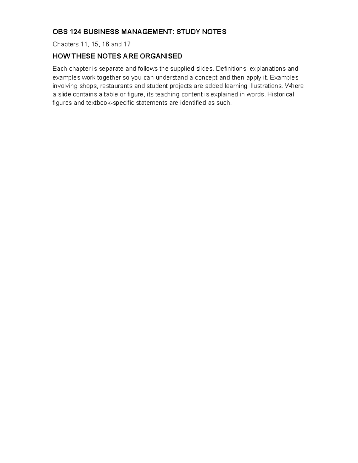 OBS 124 Business Management: Study Notes on Chapters 11, 15, 16 & 17 ...