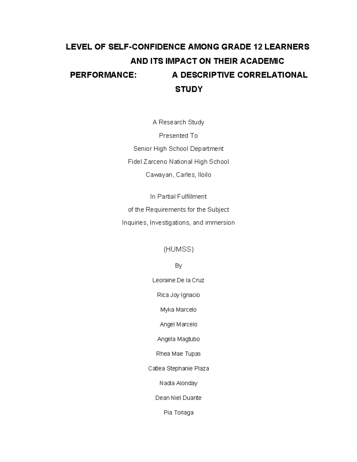Self-Confidence and Academic Performance of Grade 12 Learners (HUMSS ...