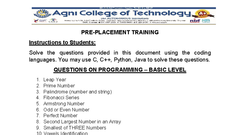 Coding Questions Mock Placement for CS & Circuit Streams - Studocu