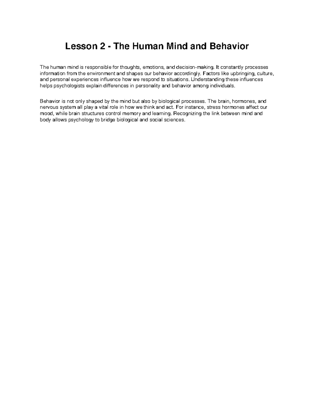 Lesson 2: Understanding the Human Mind and Behavior - Studocu