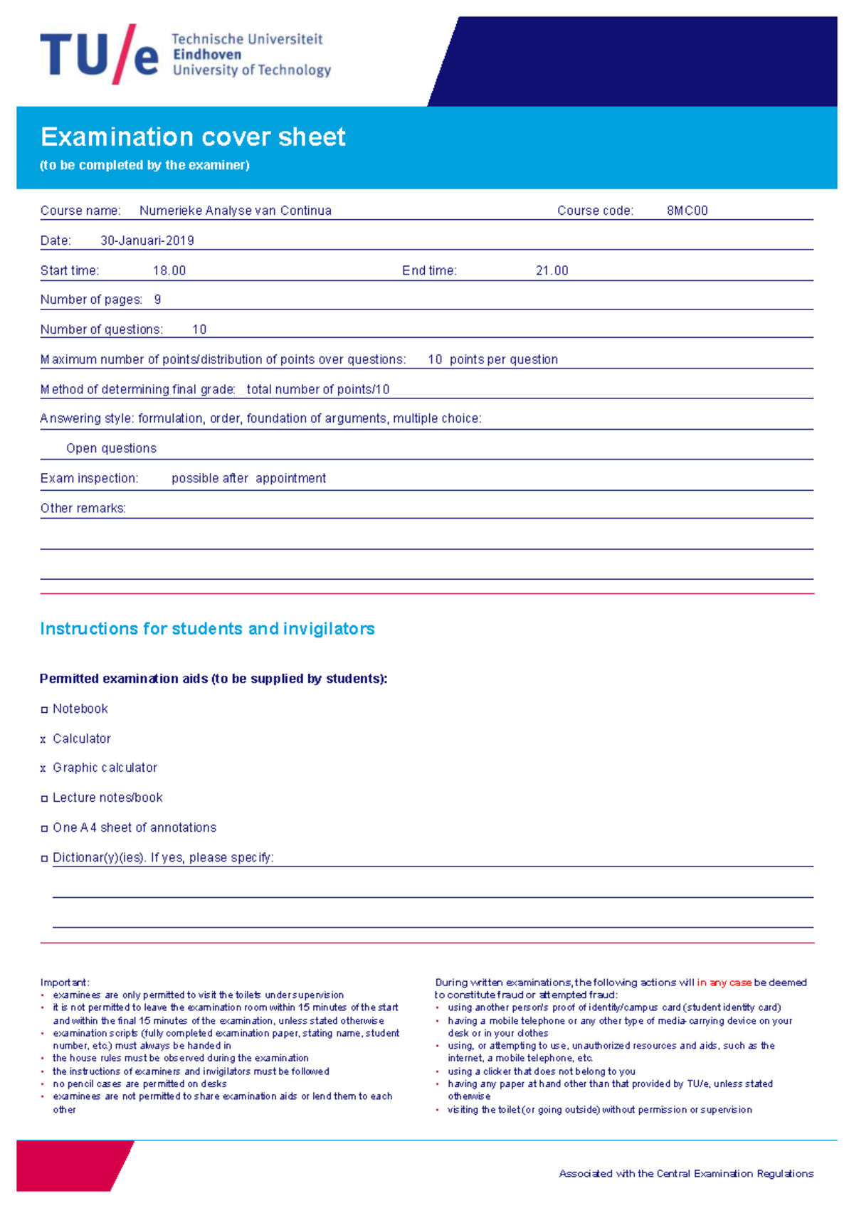 8MC00 Final Exam Cover Sheet: Numerieke Analyse van Continua - Studeersnel